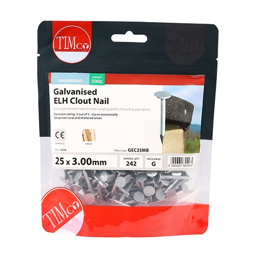 0.5kg - TIMCO Extra Large Head Clout Nails Galvanised - 25 x 3.00