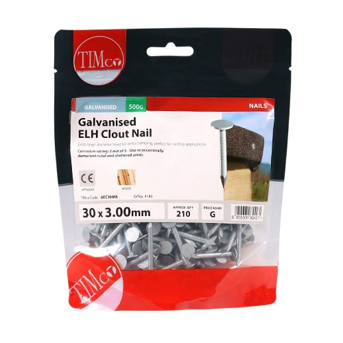 0.5kg - TIMCO Extra Large Head Clout Nails Galvanised - 30 x 3.00