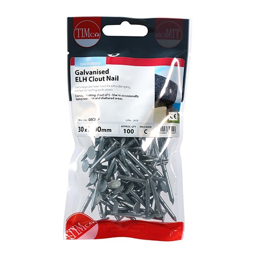 100 x TIMCO Extra Large Head Clout Nails Galvanised - 30 x 3.00