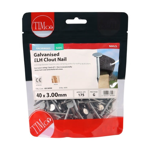 0.5kg - TIMCO Extra Large Head Clout Nails Galvanised - 40 x 3.00