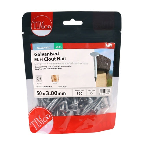 0.5kg - TIMCO Extra Large Head Clout Nails Galvanised - 50 x 3.00