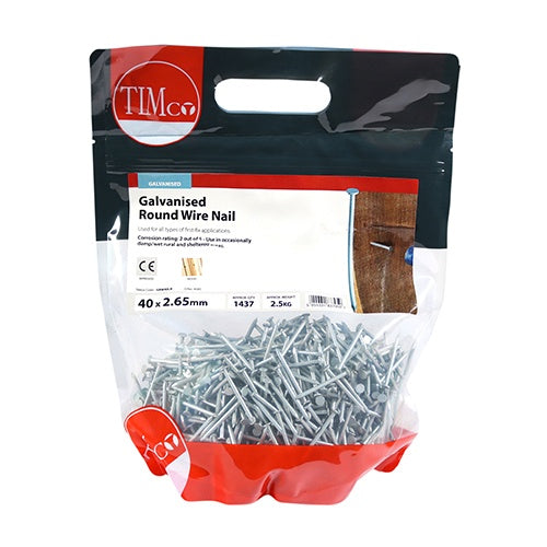 2.5kg - TIMCO Round Wire Nails Galvanised - 40 x 2.65