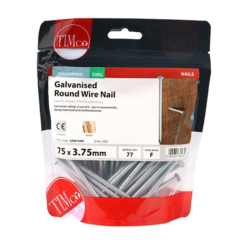 0.5kg - TIMCO Round Wire Nails Galvanised - 75 x 3.75