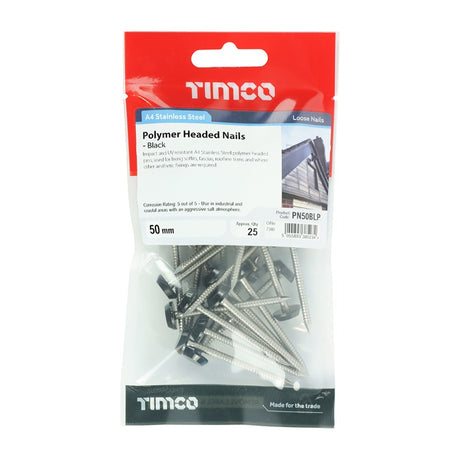 25 x TIMCO Polymer Headed Nails A4 Stainless Steel Black - 50mm