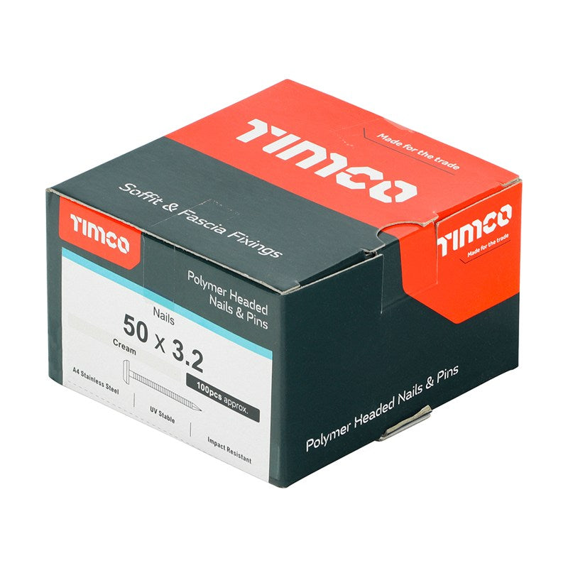 100 x TIMCO Polymer Headed Nails A4 Stainless Steel Cream - 50mm