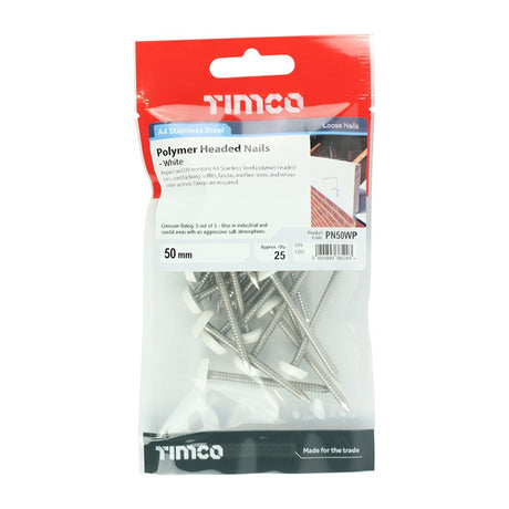 25 x TIMCO Polymer Headed Nails A4 Stainless Steel White - 50mm