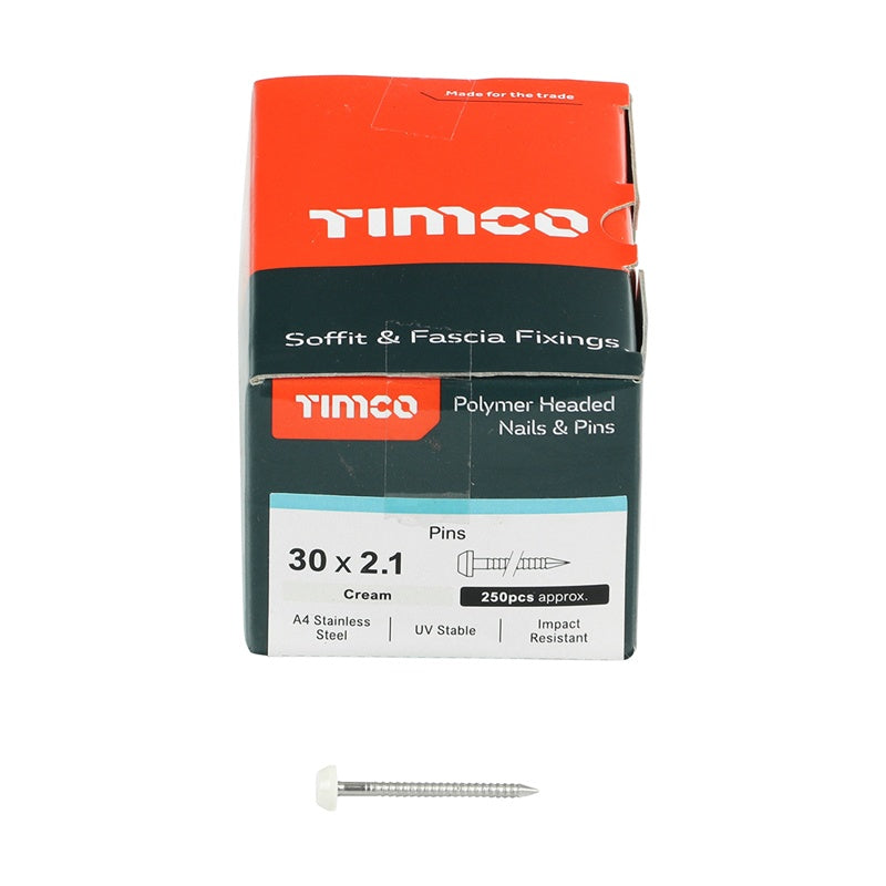 250 x TIMCO Polymer Headed Pins A4 Stainless Steel Cream - 30mm