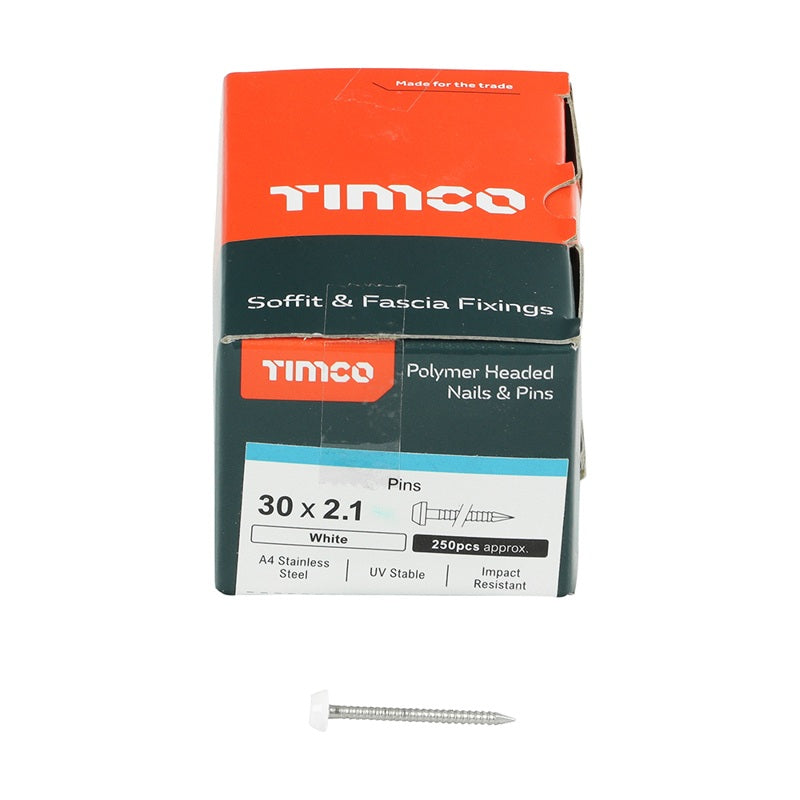 250 x TIMCO Polymer Headed Pins A4 Stainless Steel White - 30mm