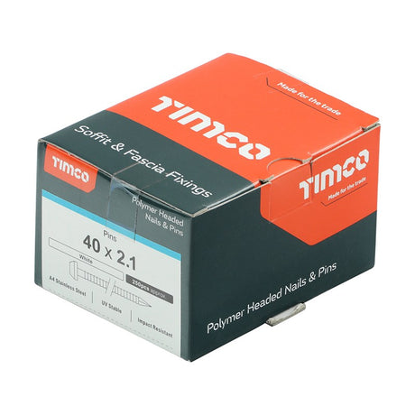 250 x TIMCO Polymer Headed Pins A4 Stainless Steel White - 40mm