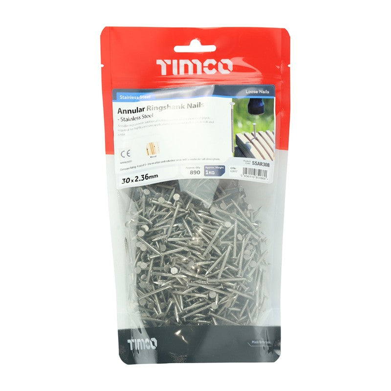 TIMCO Annular Ringshank Nails A2 Stainless Steel - 30 x 2.36