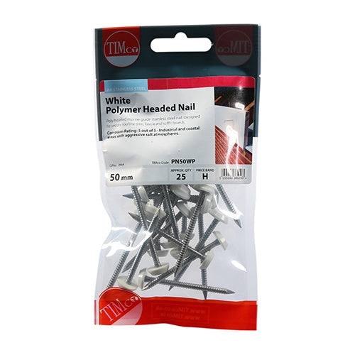 25 x TIMCO Polymer Headed Nails A4 Stainless Steel White - 50mm