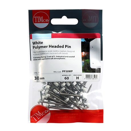 60 x TIMCO Polymer Headed Pins A4 Stainless Steel White - 30mm