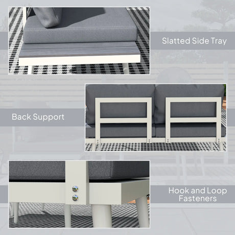 Outsunny 3 Piece Garden Furniture Set with 5-Level Adjustable Lounger, L Shaped Garden Corner Sofa with Cushions, Mesh Seat, Slatted Wood-Grain Table, Outdoor Furniture Set for Conservatory, Grey