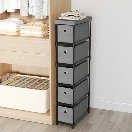 Narrow Dresser with 5 Drawers Slim Storage Tower with Metal Frame-Grey