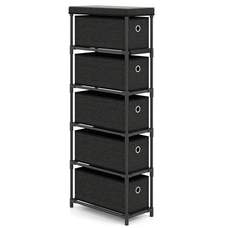 Narrow Dresser with 5 Drawers Slim Storage Tower with Metal Frame-Black