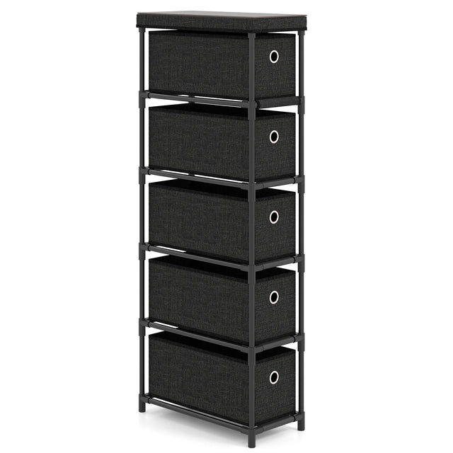Narrow Dresser with 5 Drawers Slim Storage Tower with Metal Frame-Black