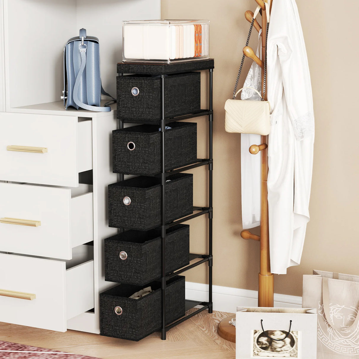 Narrow Dresser with 5 Drawers Slim Storage Tower with Metal Frame-Black