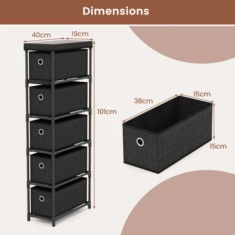 Narrow Dresser with 5 Drawers Slim Storage Tower with Metal Frame-Black