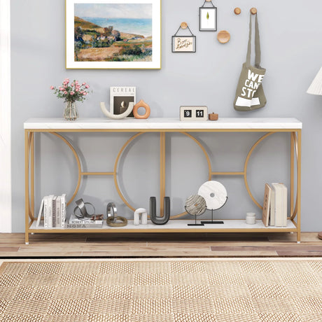Heavy-duty 2-Tier Narrow Faux Marble Top Console Table for Entryway-White