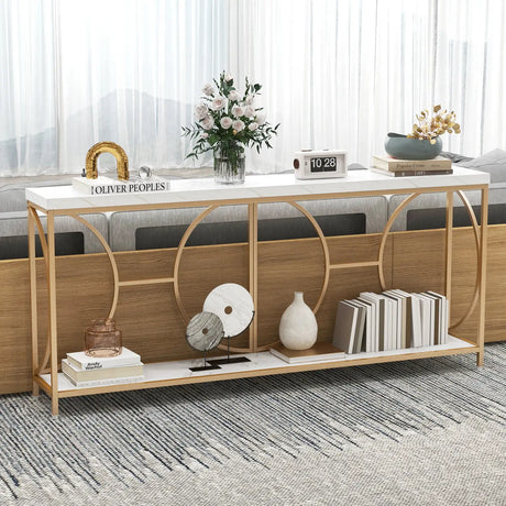 Heavy-duty 2-Tier Narrow Faux Marble Top Console Table for Entryway-White