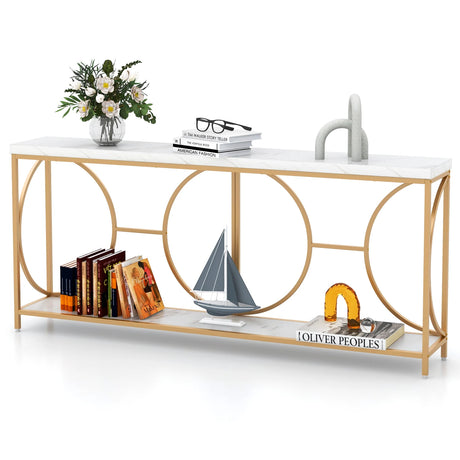 Heavy-duty 2-Tier Narrow Faux Marble Top Console Table for Entryway-White