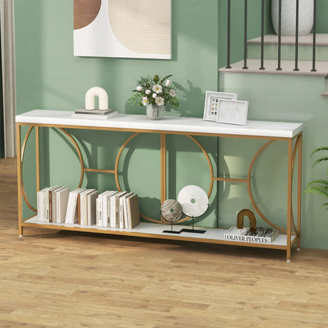 Heavy-duty 2-Tier Narrow Faux Marble Top Console Table for Entryway-White