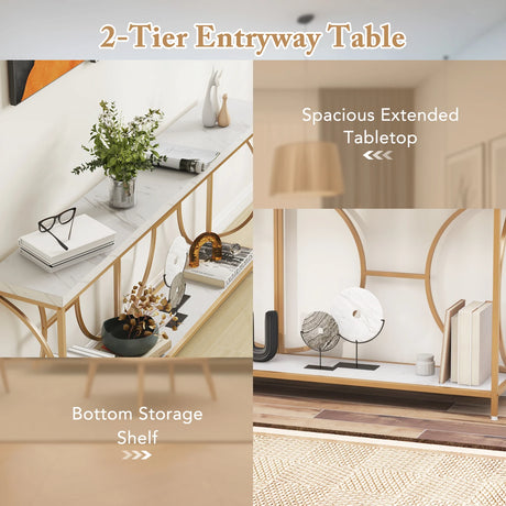 Heavy-duty 2-Tier Narrow Faux Marble Top Console Table for Entryway-White