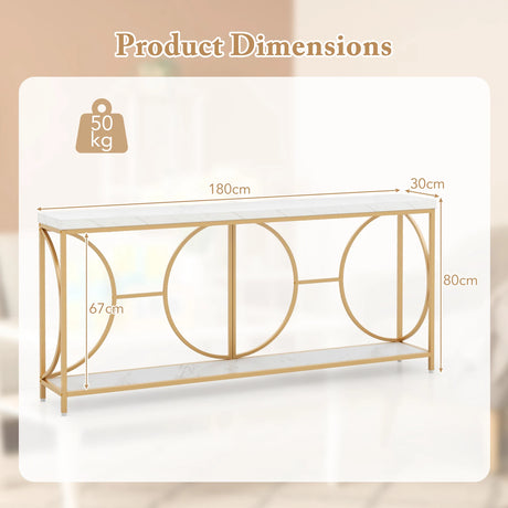 Heavy-duty 2-Tier Narrow Faux Marble Top Console Table for Entryway-White