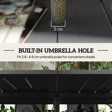 Outsunny Garden Dining Table for 6 with Parasol Hole, Rectangle Outdoor Garden Table with Slatted Metal Top, Steel Frame, Black