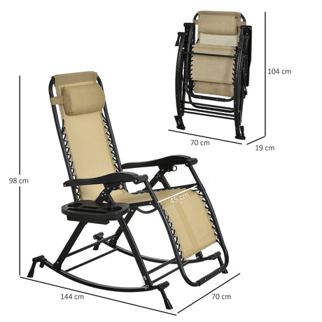 Outsunny Garden Rocking Chair Folding Recliner Outdoor Adjustable Sun Lounger Rocker Zero-Gravity Seat with Headrest Side Holder Patio Deck - Beige