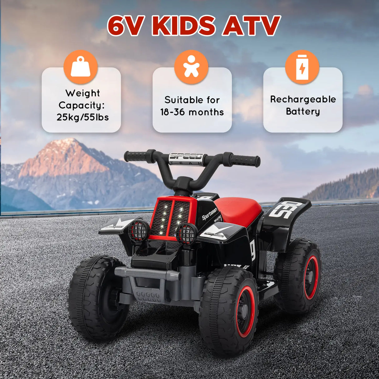 AIYAPLAY 6V Electric Quad Bike for Kids, Ride On ATV w/ Forward/Reverse, Headlights, for Ages 18-36 Months, Black