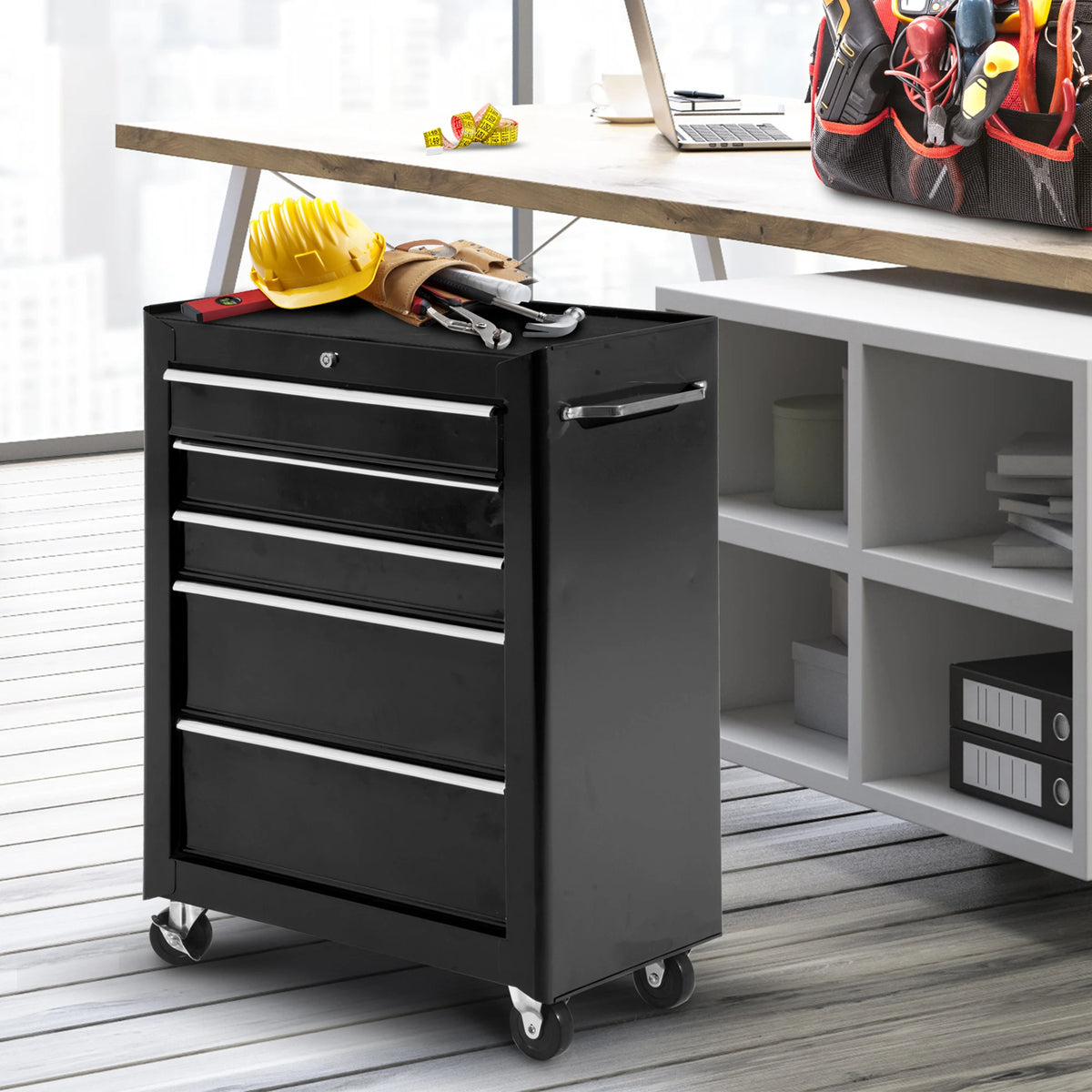 HOMCOM 5-Drawer Tool Box on Wheels, Lockable Tool Storage Cabinet with EVA Pat, Black