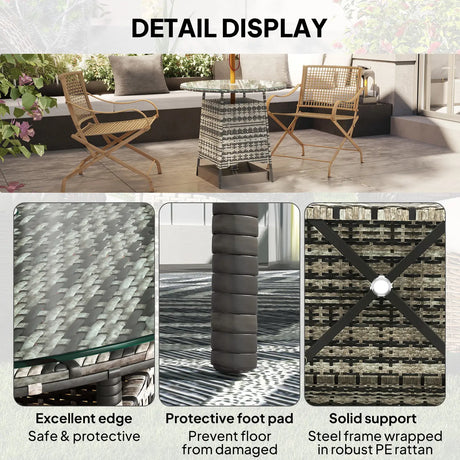 Outsunny Wicker Garden Rattan Table, Patio Furniture Outdoor Coffee Table with Umbrella Hole and Tempered Glass Top, Grey