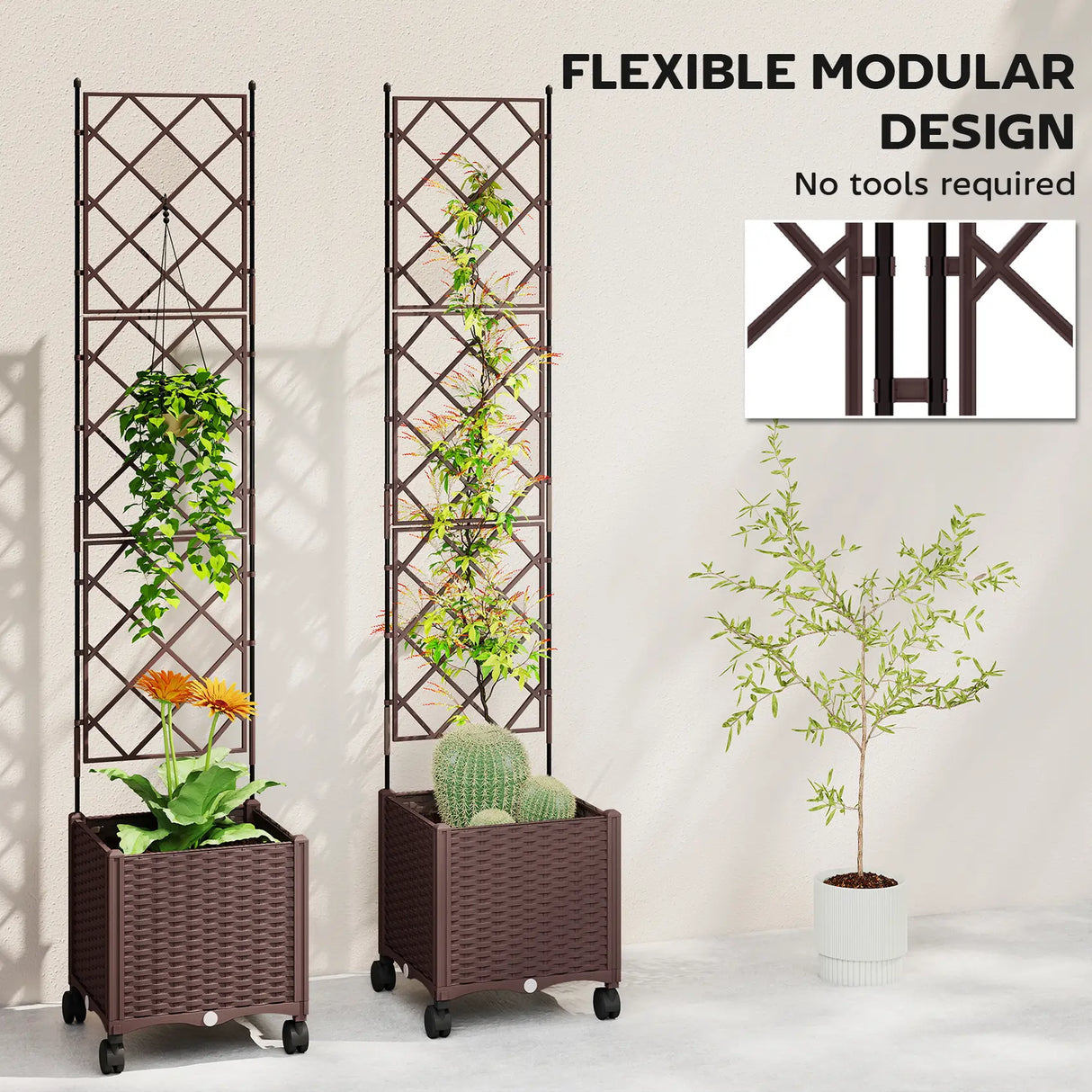 Outsunny Plastic Raised Planter with Trellis, Self Watering Raised Bed for Garden with Wheels, Drainage Holes and Plugs