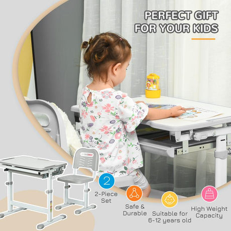 HOMCOM Kids Desk and Chair Set, Student Adjustable Writing Desk, with Drawer, Pen Slot, Hook - Grey