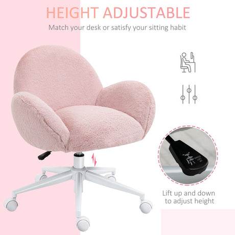 HOMCOM Makeup Vanity Chair, Cute Fluffy Desk Chair with Rolling Wheels for Bedroom Living Room, Pink