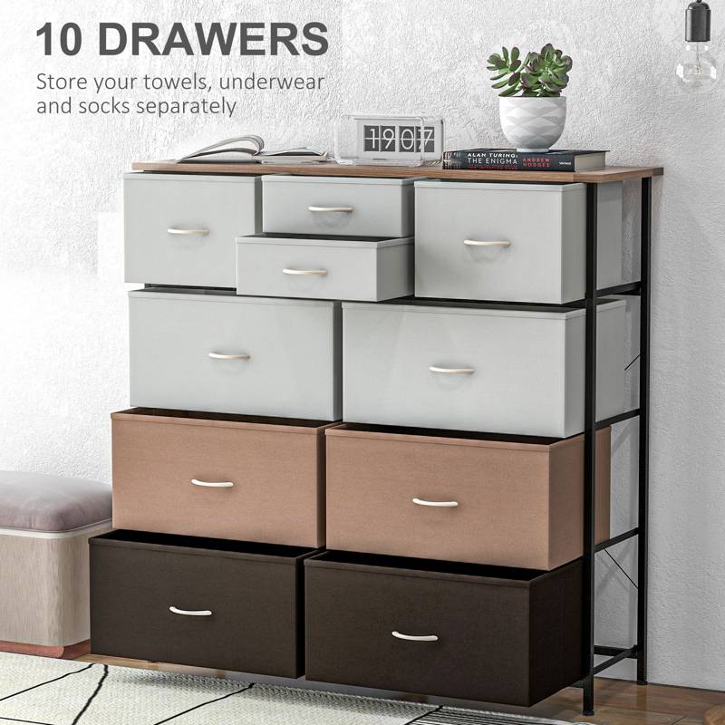 HOMCOM Bedroom Chest of Drawers, 10 Drawer Dresser with Foldable Fabric Drawers and Steel Frame, Multicolour