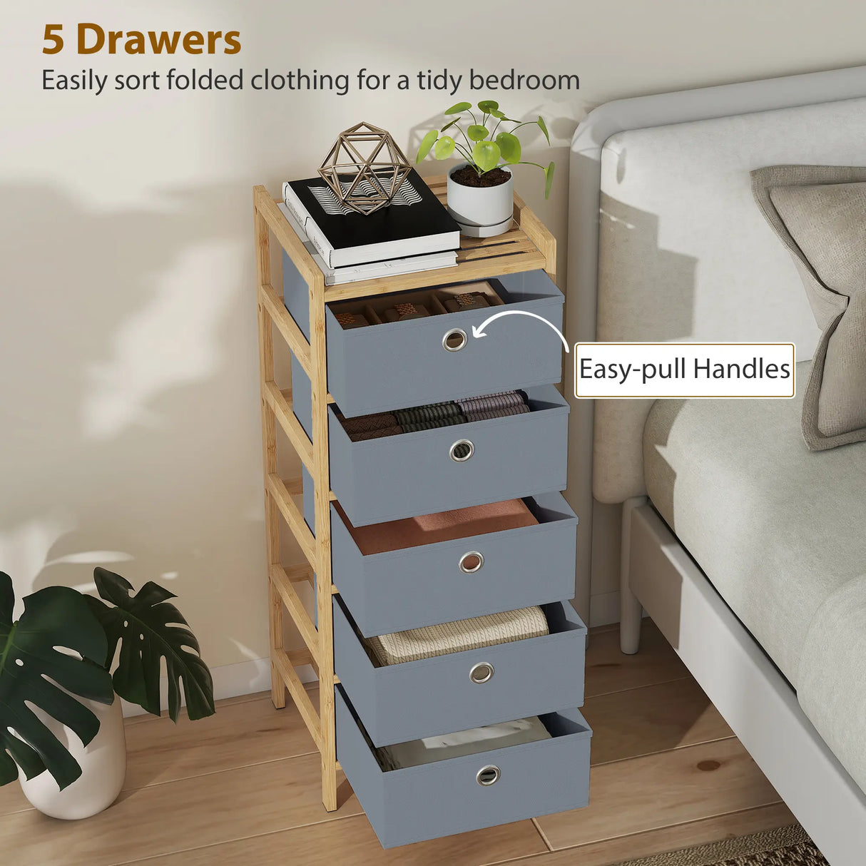 HOMCOM Chest of Drawers, 5 Fabric Drawers Narrow Dresser with Bamboo Frame, Light Grey
