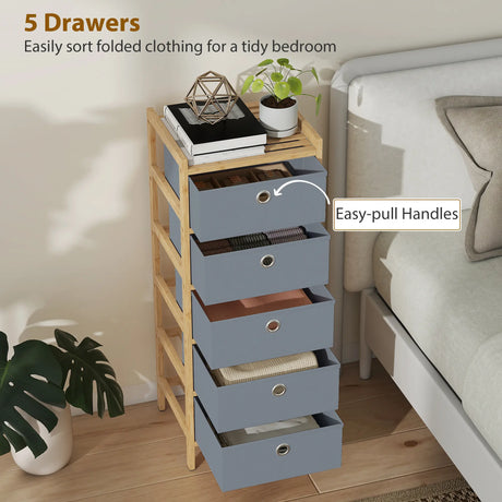 HOMCOM Chest of Drawers, 5 Fabric Drawers Narrow Dresser with Bamboo Frame, Light Grey