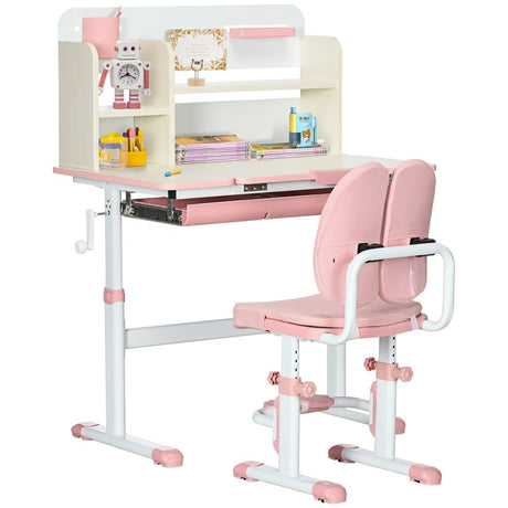 HOMCOM Kids Desk and Chair Set, with Storage Shelves, Washable Cover, for Ages 3-12 Years - Pink