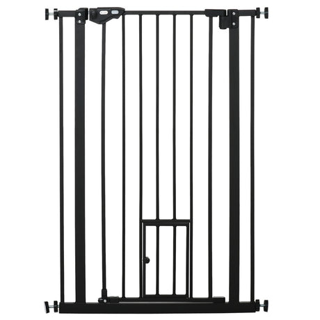 PawHut Extra Tall Pet Gate, Indoor Dog Safety Gate, with Cat Flap, Auto Close, 74-80cm Wide - Black