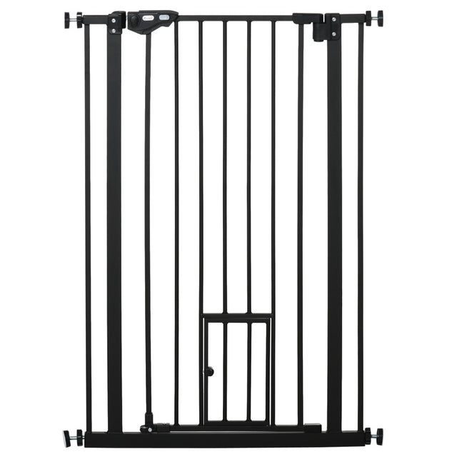 PawHut Extra Tall Pet Gate, Indoor Dog Safety Gate, with Cat Flap, Auto Close, 74-80cm Wide - Black