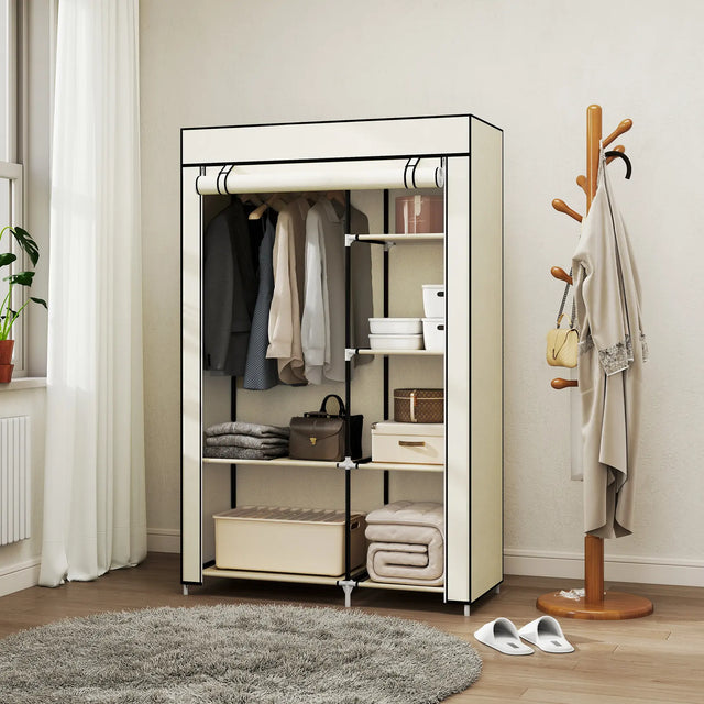 HOMCOM Fabric Wardrobe, Portable Wardrobe with 6 Shelves, 1 Hanging Rail, Foldable Closets, 103 x 43 x 162.5 cm, Cream White