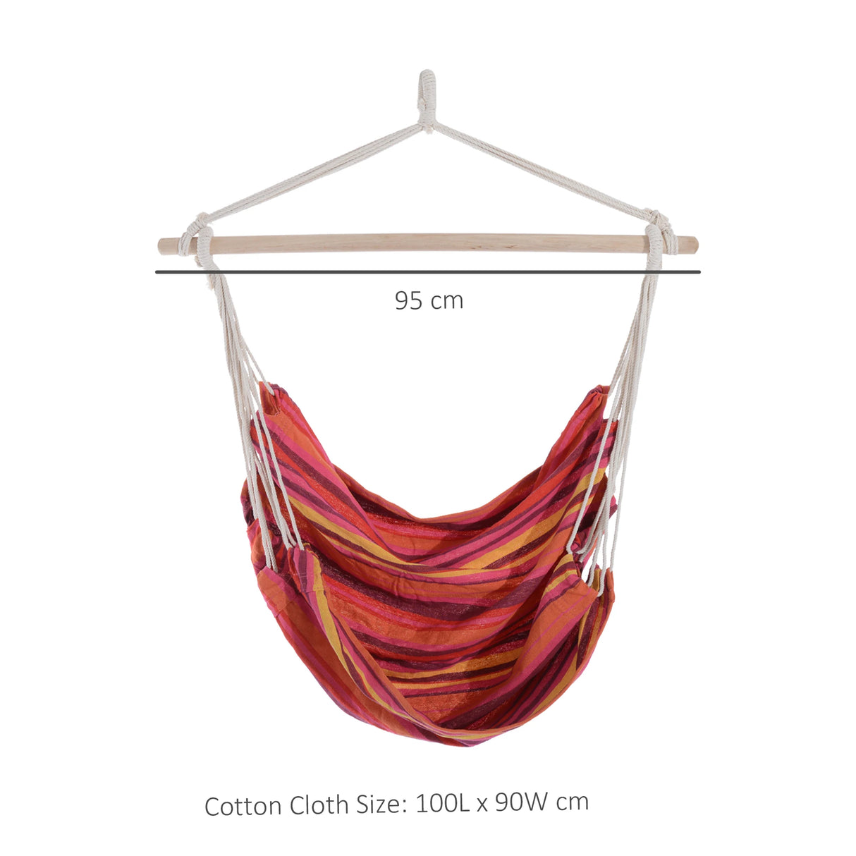 Outsunny Outdoor Hanging Rope Chair with Cotton Rope, Garden Hammock Chair with Wooden Support Bar Cotton Cloth, Portable Garden Chair for Patio & Tree, Red
