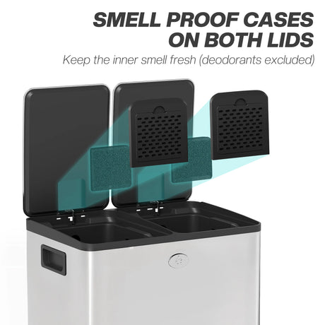 HOMCOM 40L Dual Compartment Stainless Steel Bin, with Deodoriser Holders - Silver Tone