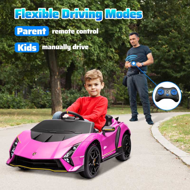 AIYAPLAY 12V Lamborghini Autentica Licensed Kids Electric Car with Remote Control, 4 Suspension Wheels, Soft Start, Pink