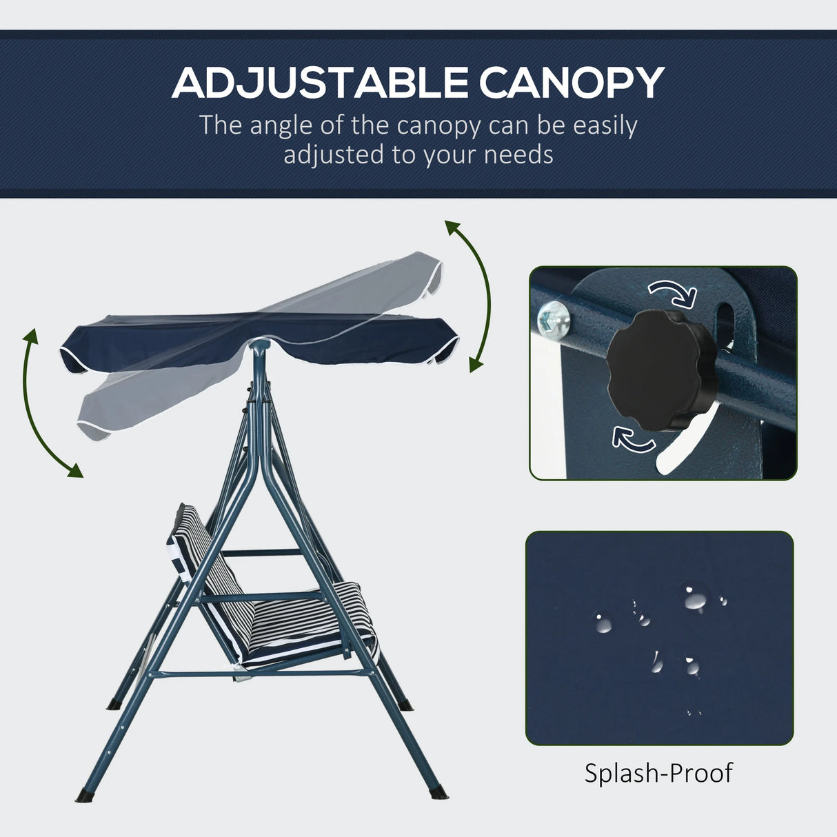 Outsunny 3 Seater Garden Swing Chair, Outdoor Swing Chair with Adjustable Canopy, Mental Frame & Cushions, Blue