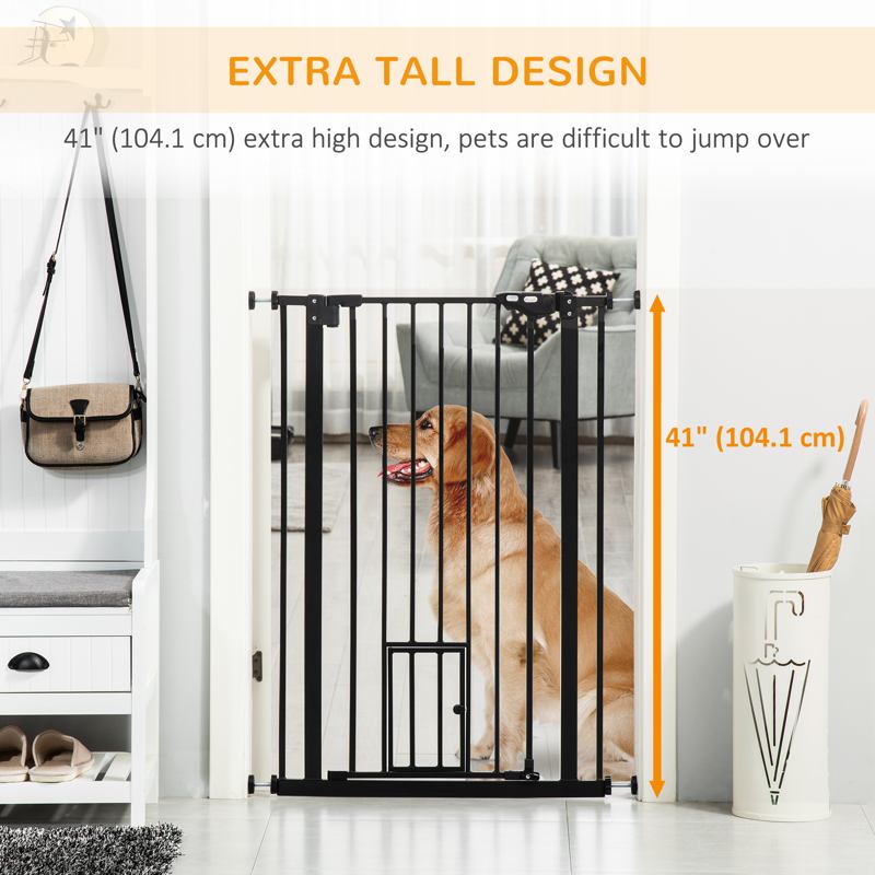 PawHut Extra Tall Pet Gate, Indoor Dog Safety Gate, with Cat Flap, Auto Close, 74-101cm Wide - Black