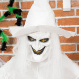 Outsunny 74 Inch Halloween Decorations White Witch Holding Pumpkin Head, Standing Skeleton Ghost Prop Life Size with Light Up Eyes and Body