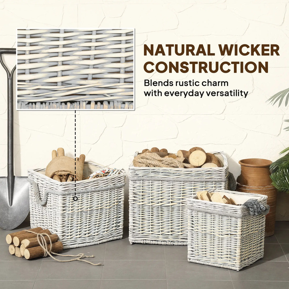 Outsunny Set of 3 Log Baskets for Wood Burner Indoor, Round Storage Basket with Lining and Rope Handles for Fireside Storage, Blankets, Beige